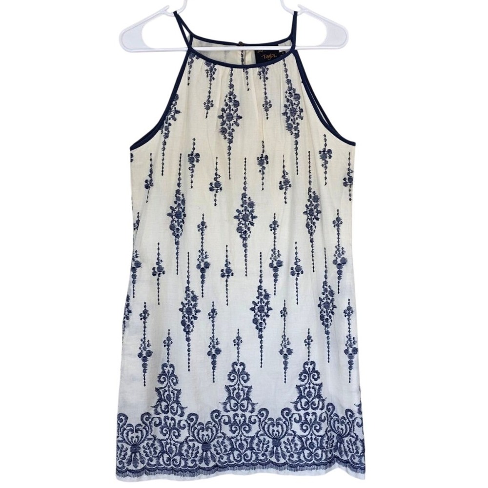 Just Taylor White‎ Navy Blue Embroidered Cotton Halter Shift Dress 8 C/T 601954